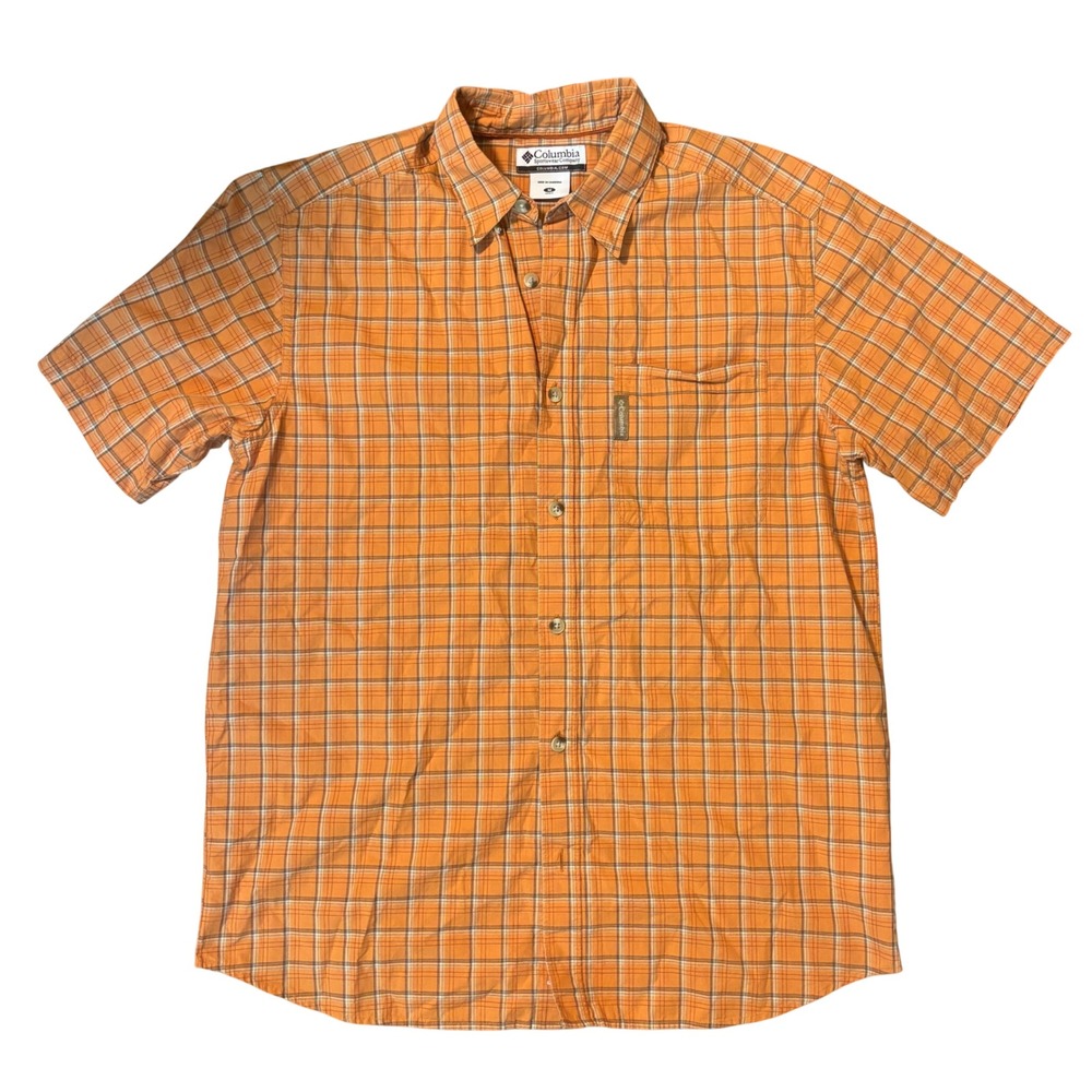 Columbia Mens Orange Plaid Short Sleeve Button Down Shirt Size Medium Hiking
